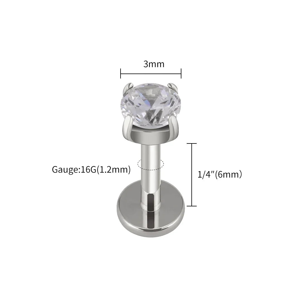Right Grand ASTM F136 Titanium CZ Gem Internally Threaded Labret Monroe Lip Ring Tragus Nail Helix Earring Stud 16G 6/8/10mm Bar