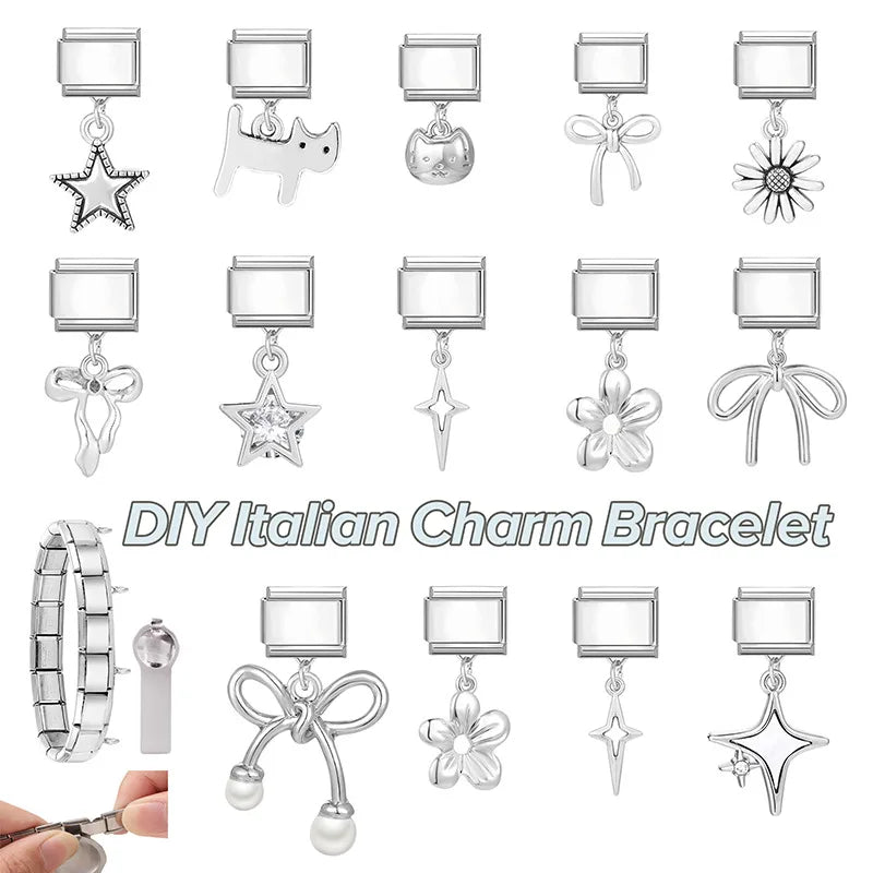 New Vintage Daisy Star Cat Sun Zircon Pendant Italian Charm Link Stainless Steel Fit 9mm Bracelet Women Men DIY Making Jewelry