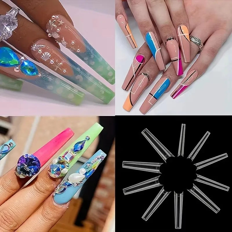 240-Piece Nail Art Set, Finished C-Shaped Rhinestone Tube Nails, Cowboy Nails, Extended French False Nails, with Box Packaging