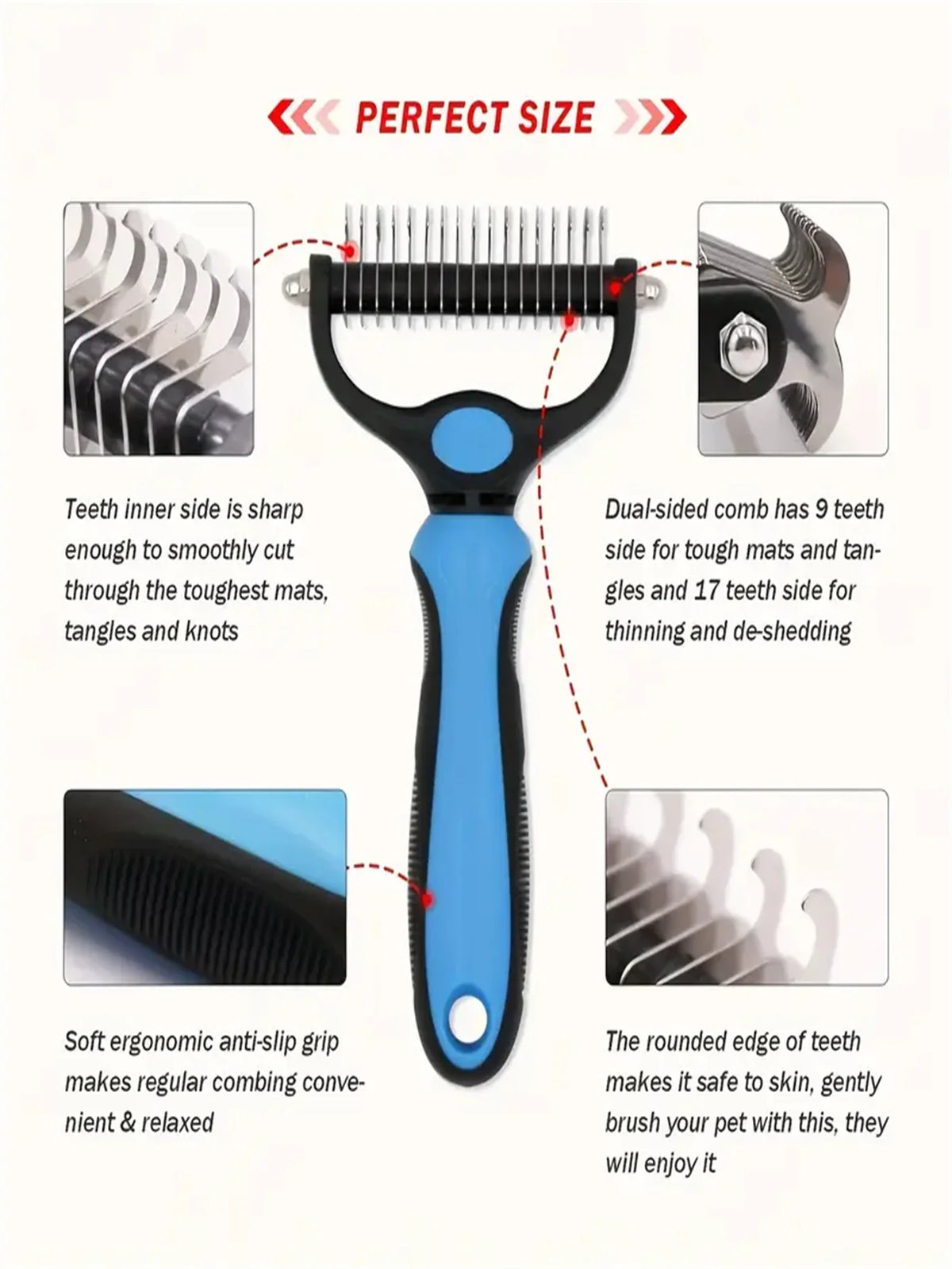 Ergonomic Double-Sided Undercoat Rake - Comfort Grip Dematting & Deshedding Brush Tool, Stainless Steel Teeth, Gentle on Skin, I