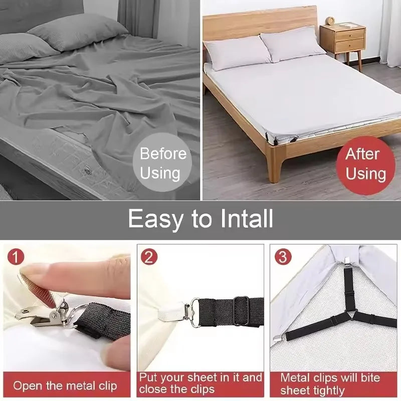 4PCS Anti-slip Bed Sheet Fixing Clips 3 Way Adjustable Elastic Holders Keep Bed Sheets Blankets Flat Bedding Organize Gadgets