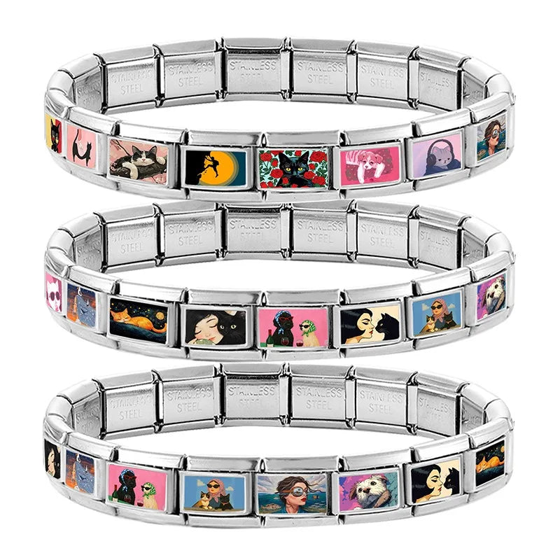 New 9mm Original Design Artistic Cats Girls Sea Colorful Pattern Stainless Steel Charm Italian Bracelet Link Making DIY Jewelrys