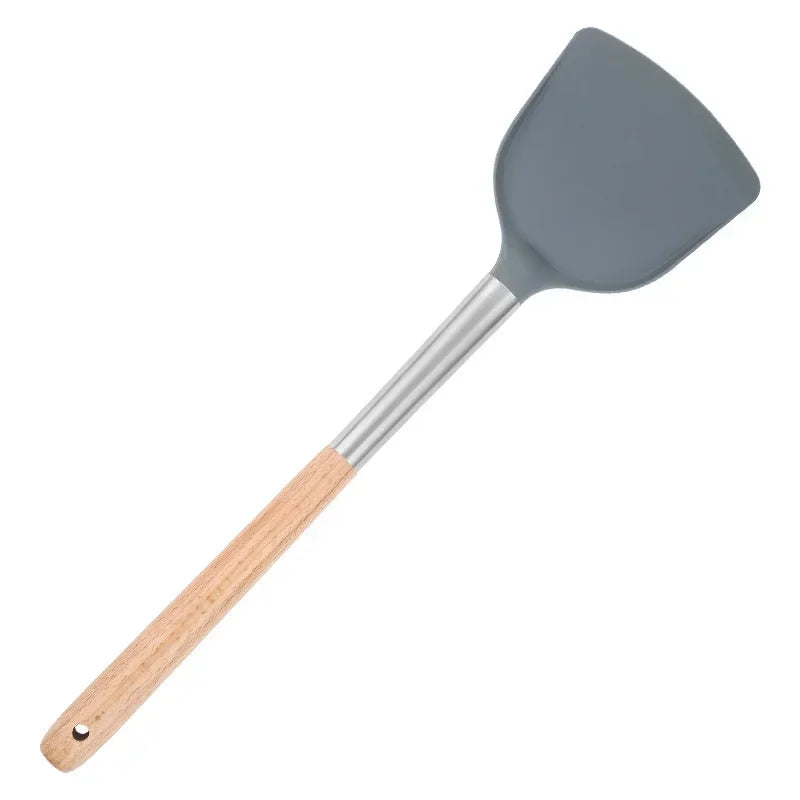 Silicone Kitchen Utensils, Silicone Spatula, Wooden Handle, Silicone Soup Spoon, Leak-Proof Spatula, Non-Stick Pan