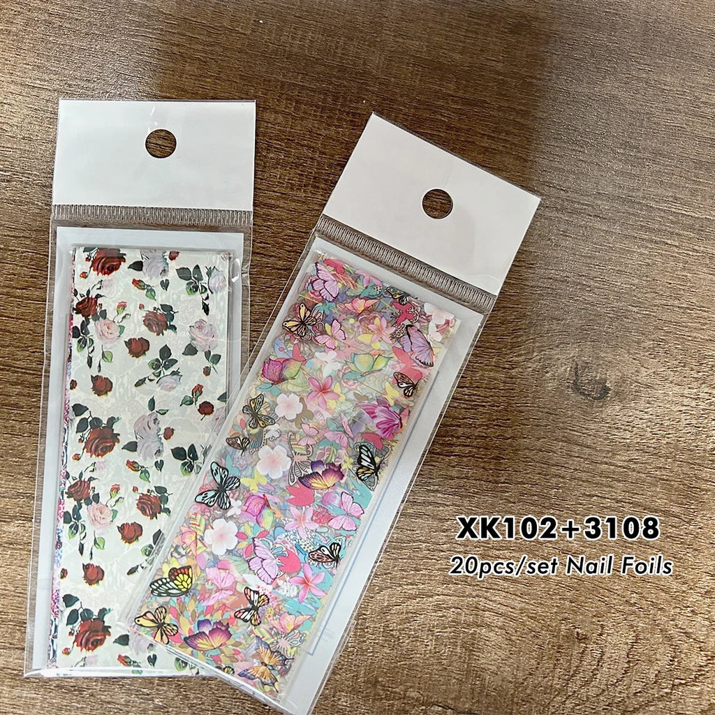 2 Pack Painting Rose Flower Nail Art Foil Butterfly Hibiscus Design Elegant Printing Sticker Elegant Lady Manicure Transfer Tips