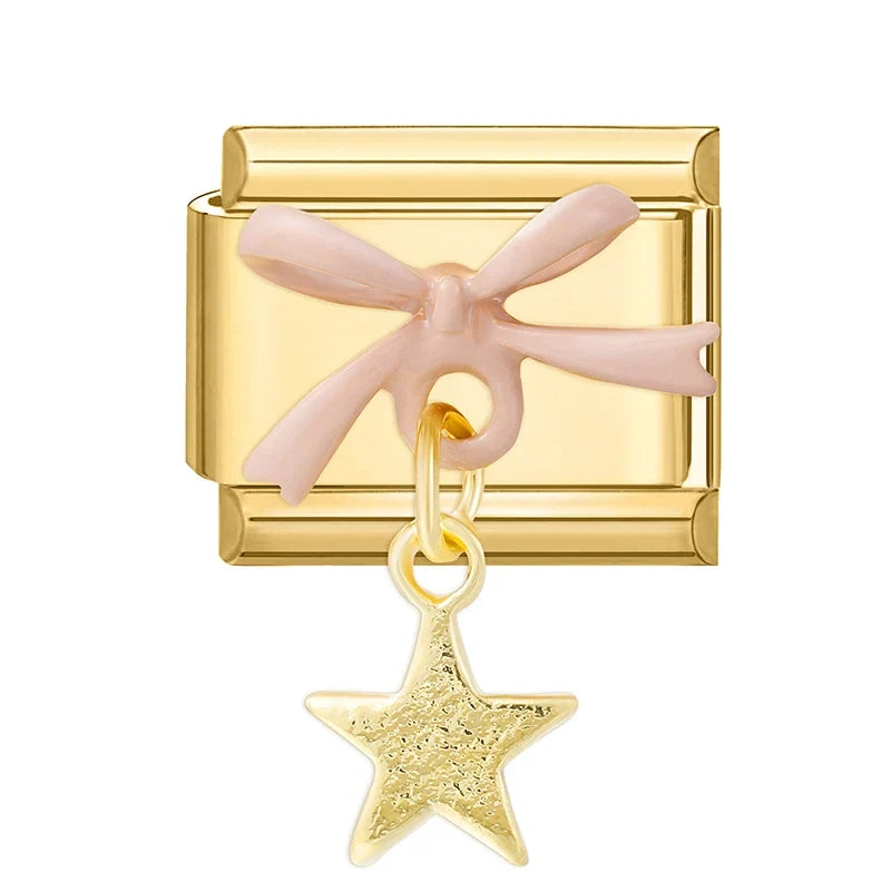 Fashion Dreamy Luxury Gold Color Series Red Heart Bows Zircon  Italian Charms Fit 9mm Stainless Steel Women Bracelet DIY Jewelry