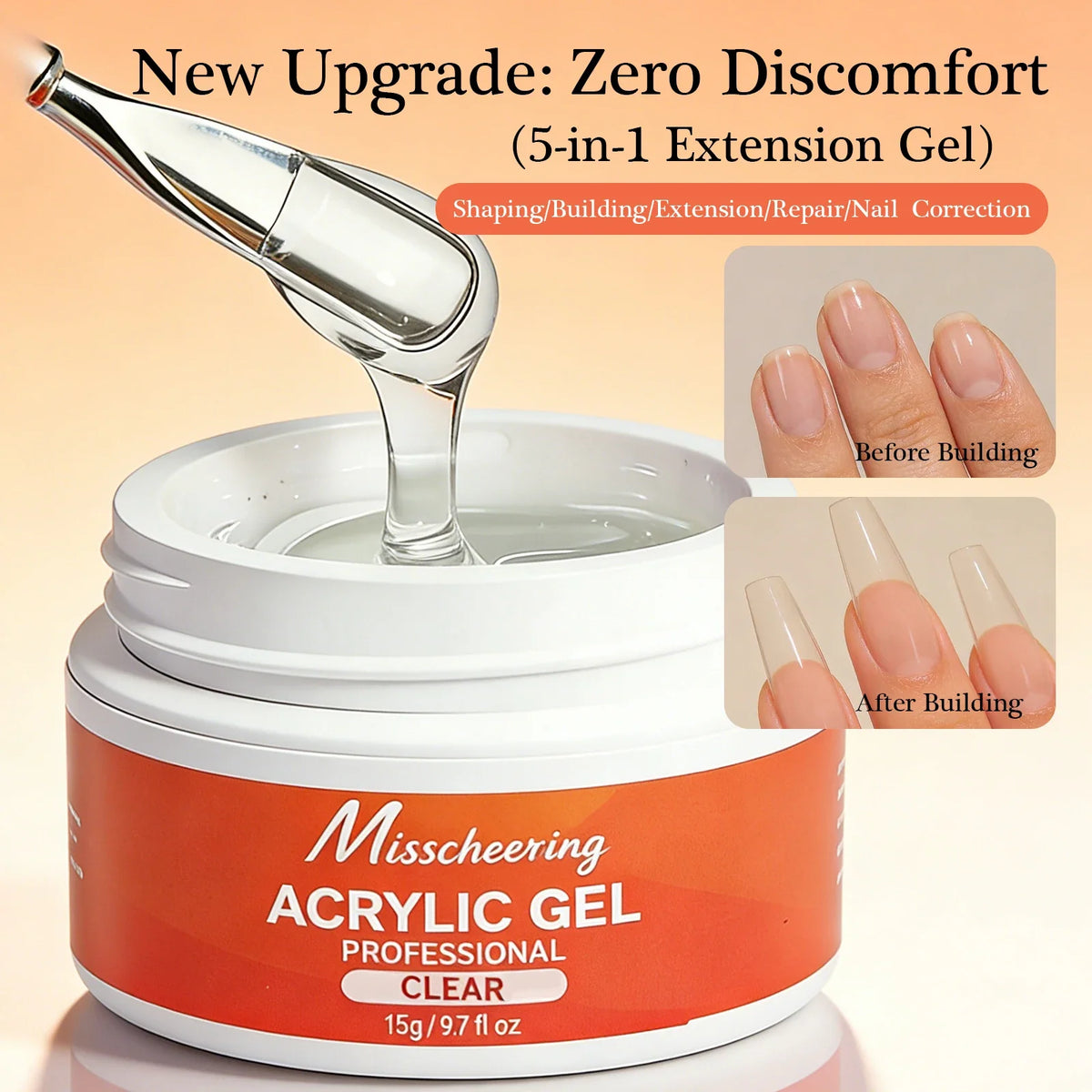 Misscheering15g 5-in-1 Acrylic Gel UV LED Nail Extension Gel Shaping Building Repair Clear/Rose Pink/White Long-Lasting 28+ Days