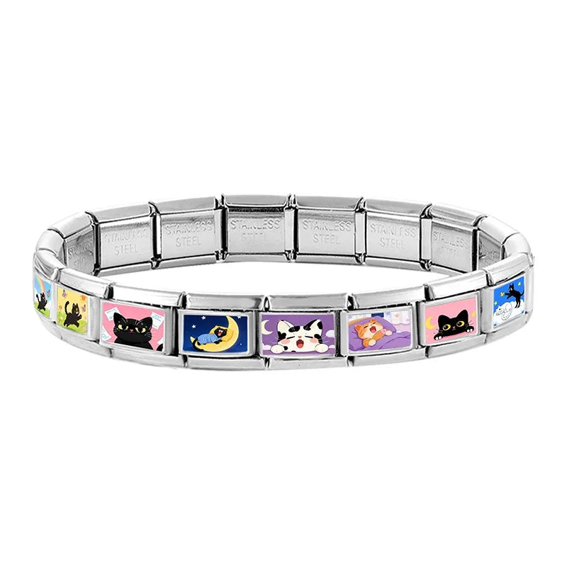 2026 Wholesale Rainbow Cloud Cat Stars Moon Cat Charm Bracelet Fit 9mm Bracelet Stainless Steel Italian Links Making DIY Jewelry