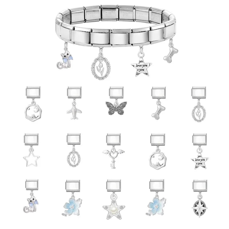 Cute Y2K Cat Butterfly Heart Flower Crab Star Bow Pendant Italian Charm Link Stainless Steel Fit 9mm Bracelet DIY Making Jewerly