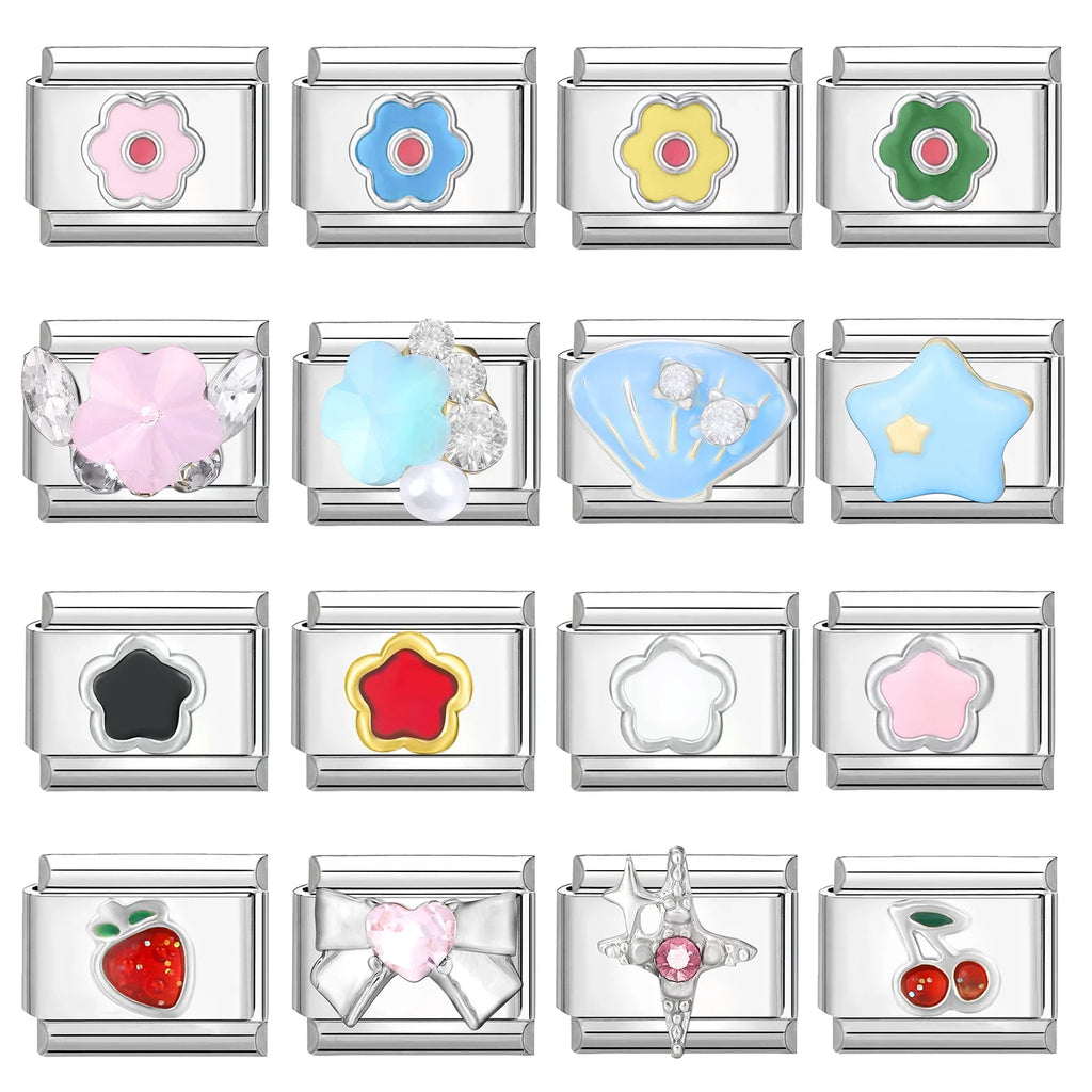 New Fashion Colorful Star Shell Bow Moon Cherry Italian Charm Links Fit 9MM Stainless Steel Bracelet Jewelry DIY Making Gift