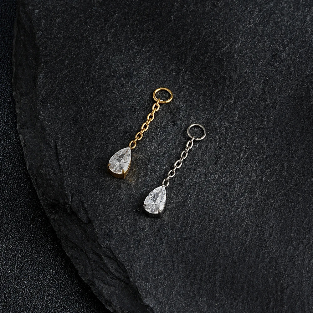 Right Grand ASTM F136 Titanium Waterdrop CZ Dangle Chain Earring Charm Pendant for Upper Lobe Clicker Piercing Jewelry