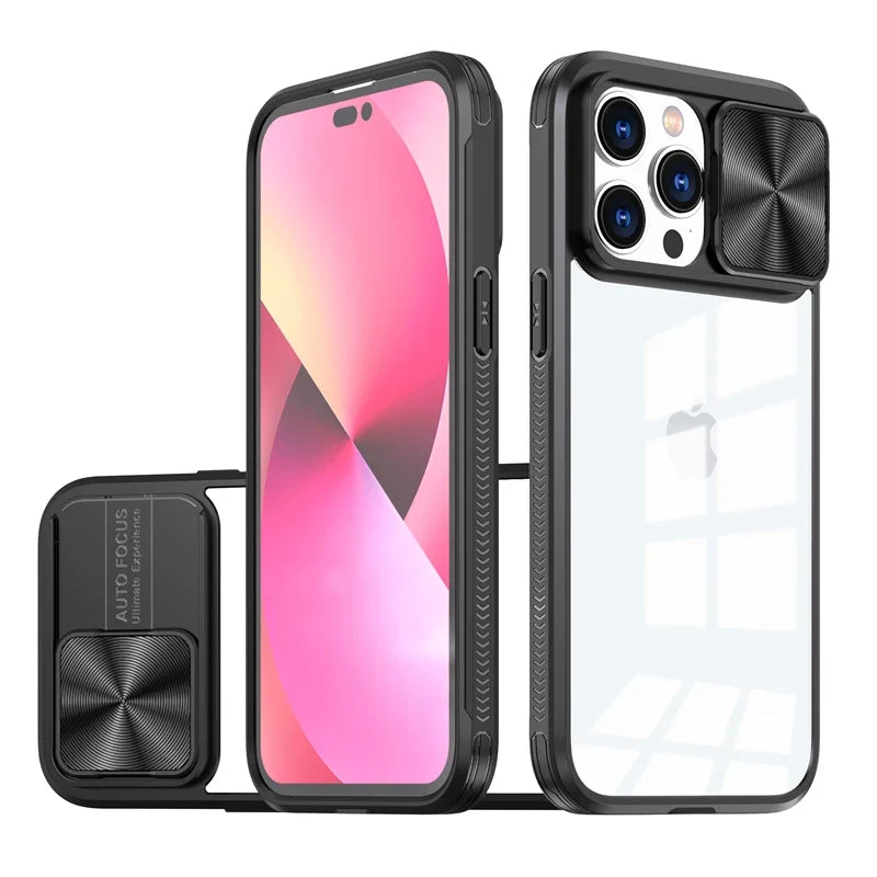 Slide Camera Lens Protection Case For iPhone 15 14 11 12 13 Pro XS Max XR 7 8 Plus SE Soft Bumper Shockproof Clear Hard PC Cover