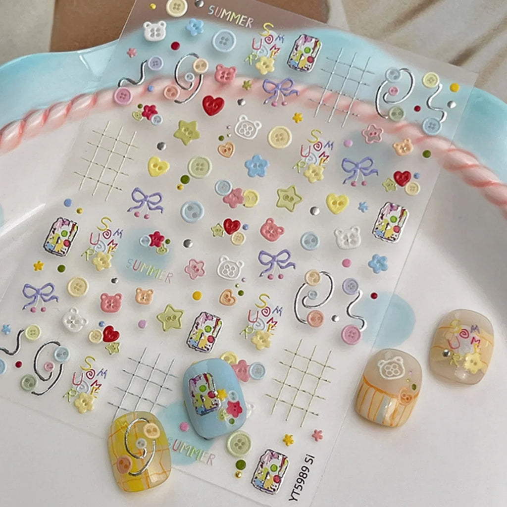 SUMMER Cute 5D Nail Art Sticker Color Button Bear Head Heart Star Bow Plaid Line Childlike Style Self Adhesive Decals Sweet DIY