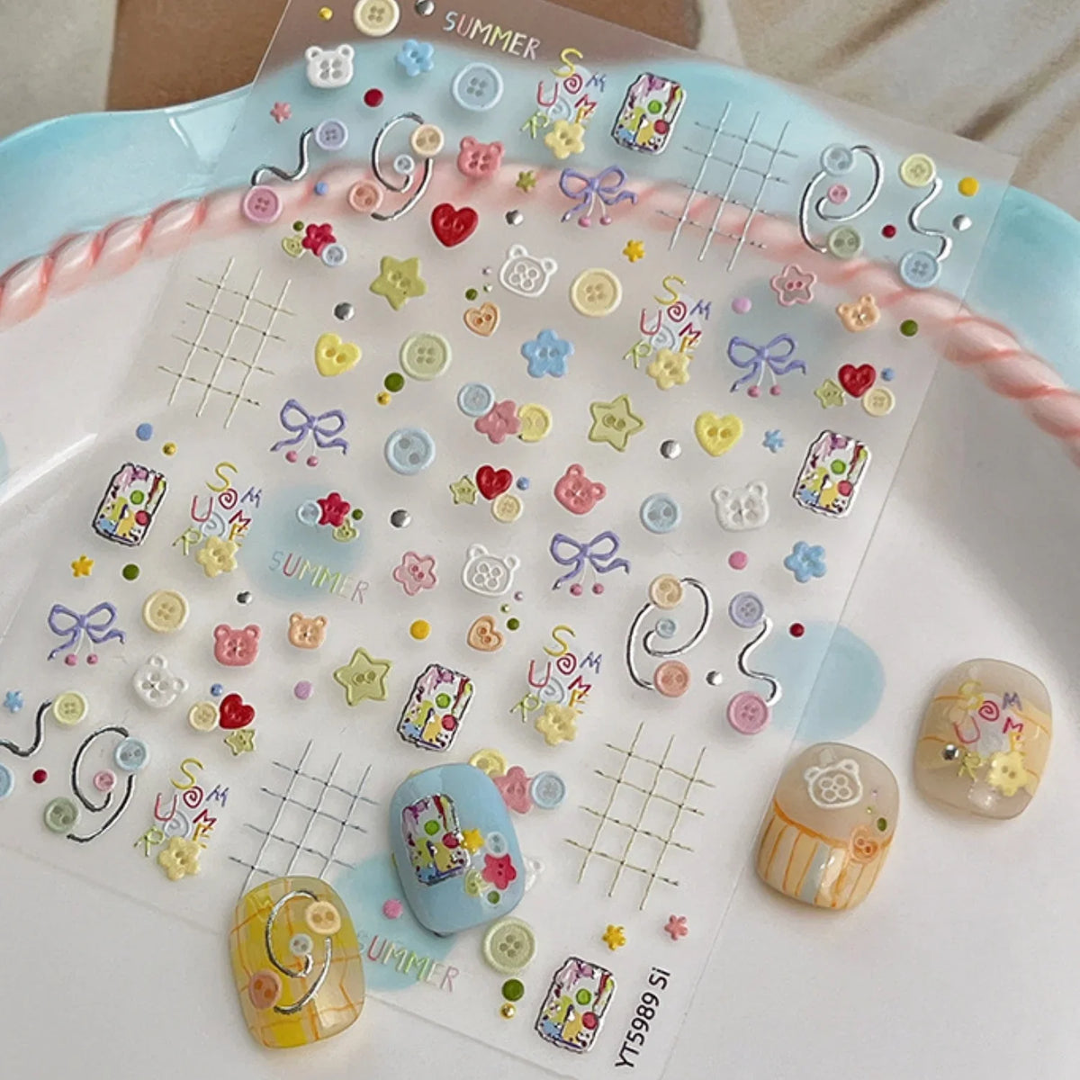 SUMMER Cute 5D Nail Art Sticker Color Button Bear Head Heart Star Bow Plaid Line Childlike Style Self Adhesive Decals Sweet DIY