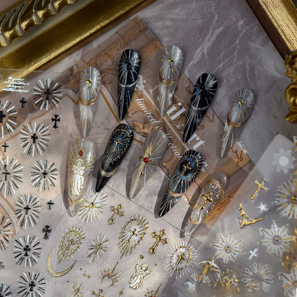 Gold-embossed Nail Stickers Luxury Retro Holy Light Faith Nails Art Stickers Gold Back Adhesive Nails Decorations Decals Parts