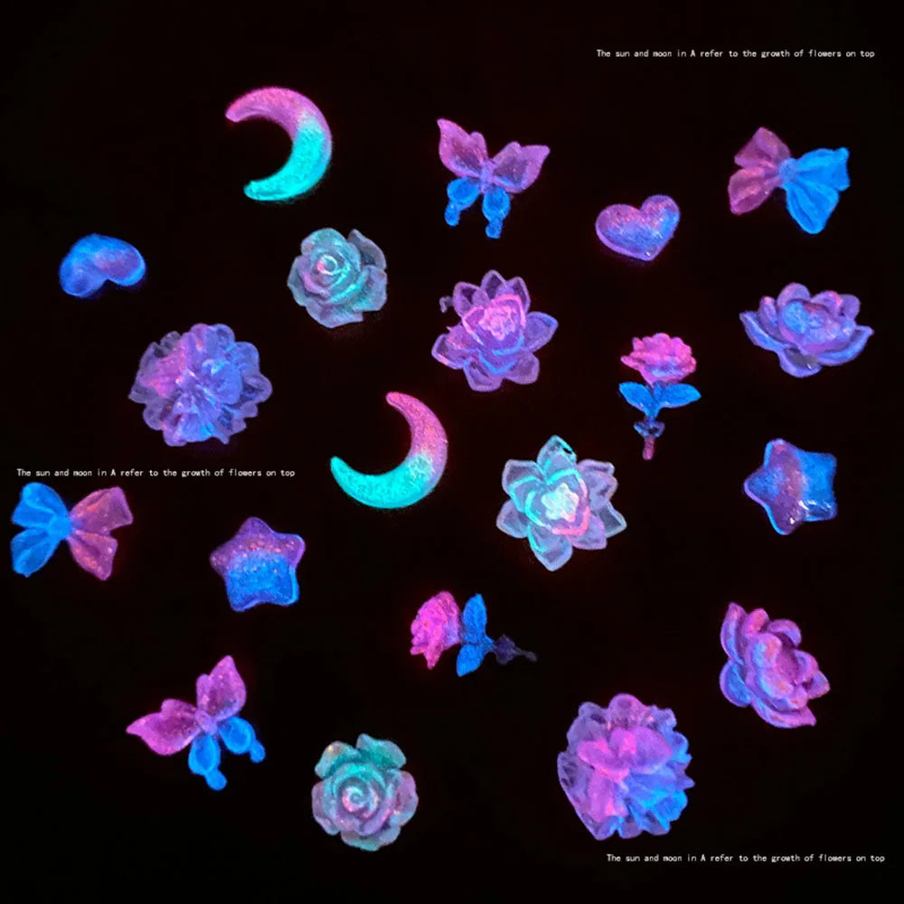 50pcs Mix Luminous Rose Flower Nail Art Charms Moon Star Heart Aurora Butterfly Nail Decorations Charms Y2K DIY Manicure Parts