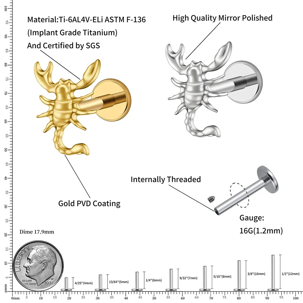 Right Grand ASTM F136 Titanium 16G Scorpion Labret Stud Flatback Zodiac Earring Tragus Cartilage Helix Piercing Body Jewelry