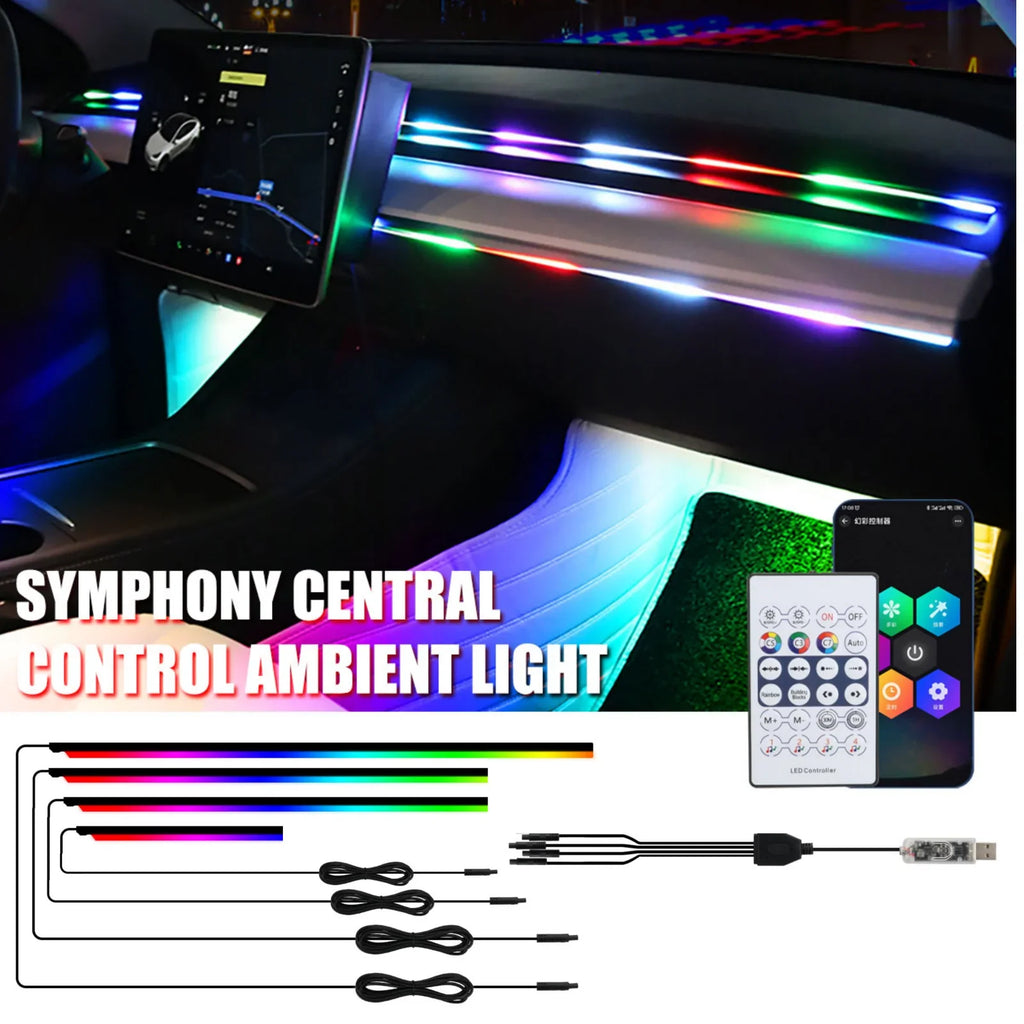 4in1 Led Car Ambient Lights RGB 213 Color Acrylic Strips Symphony Streamer Interior Rainbow Atmosphere Lamp Kit Dashboard Light