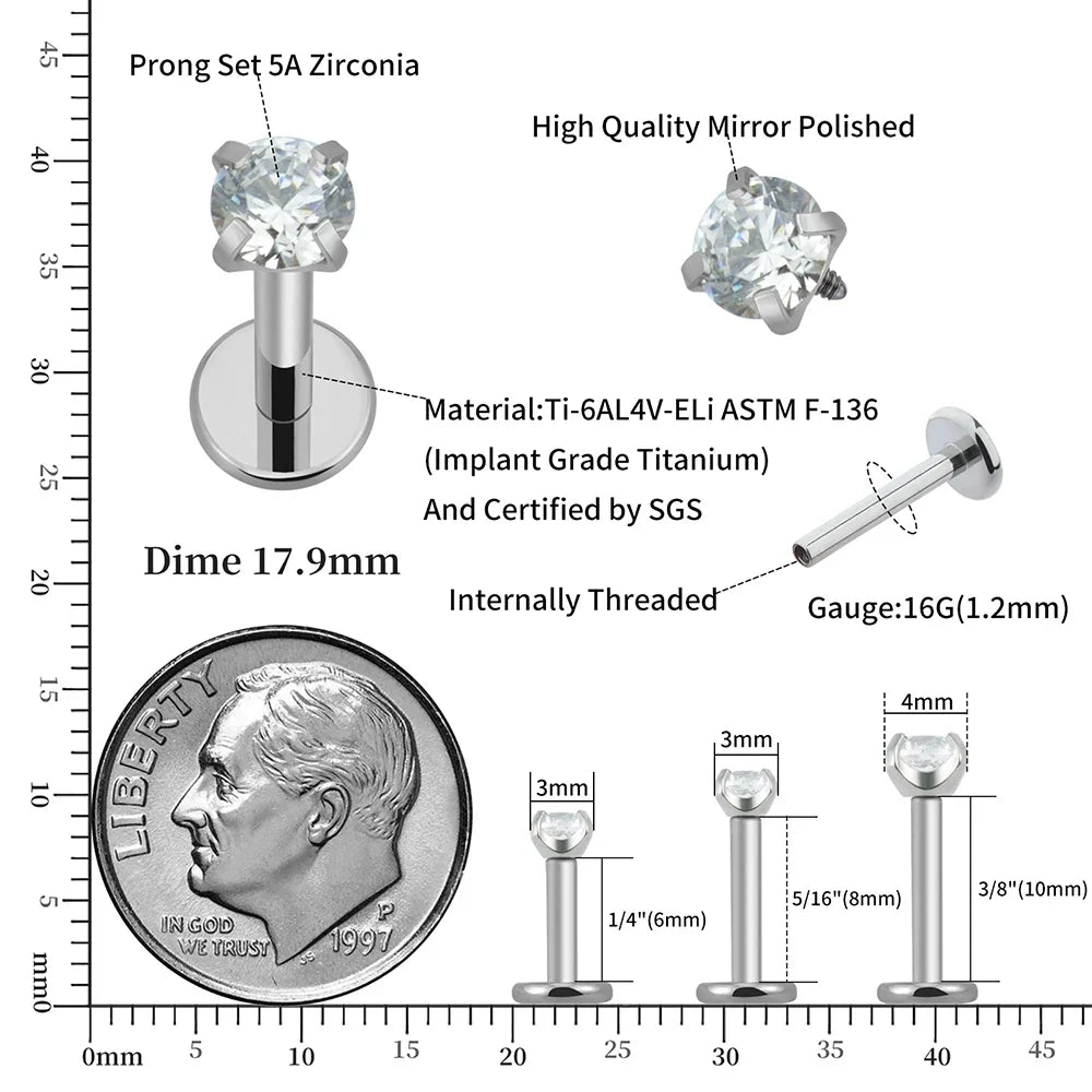 Right Grand ASTM F136 Titanium CZ Gem Internally Threaded Labret Monroe Lip Ring Tragus Nail Helix Earring Stud 16G 6/8/10mm Bar